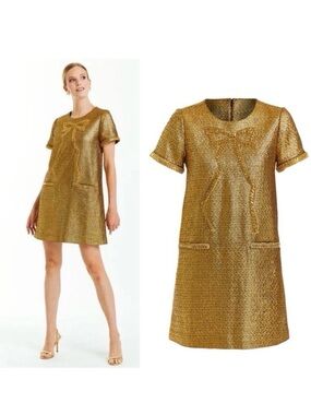 MESTIZA NEW YORK Ainslee Beaded Bow Gold Metallic Tweed SS Mini Dress Sz 2